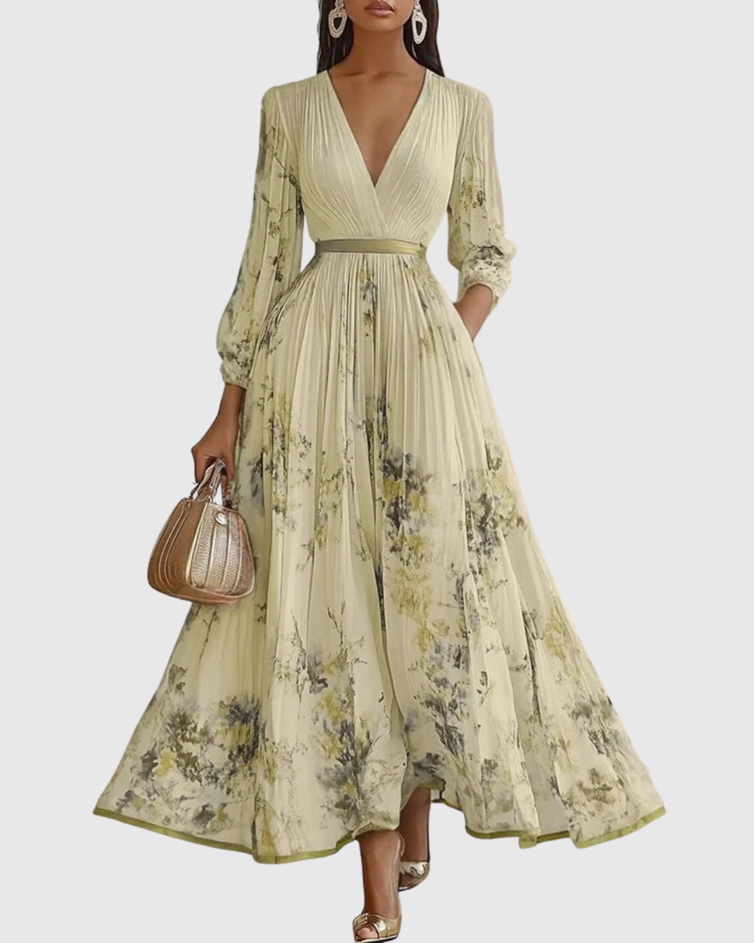 Women's Sleeveless Pleated Midi Dress with Deep V-Neck and Floral Print Detail