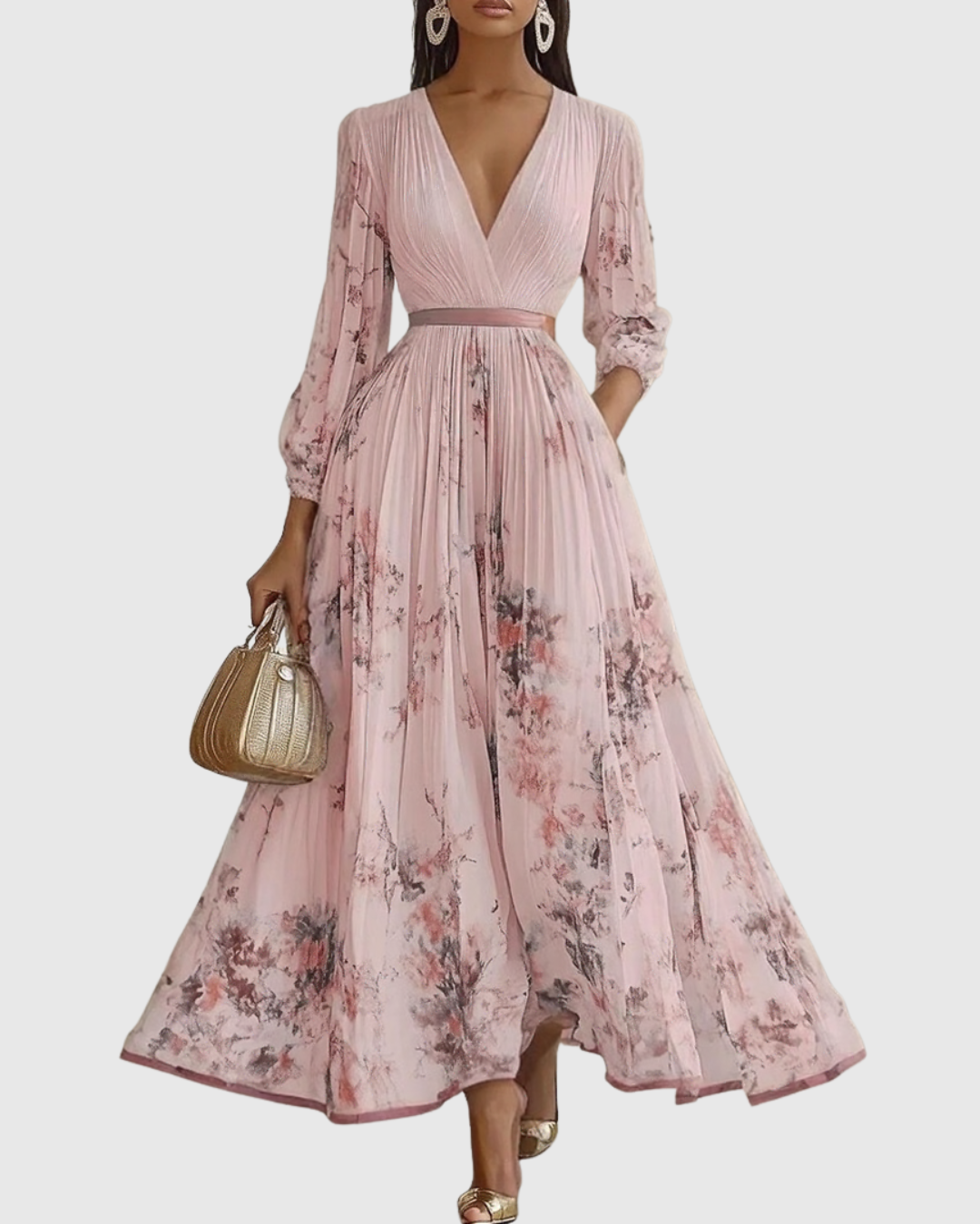 Women's Sleeveless Pleated Midi Dress with Deep V-Neck and Floral Print Detail