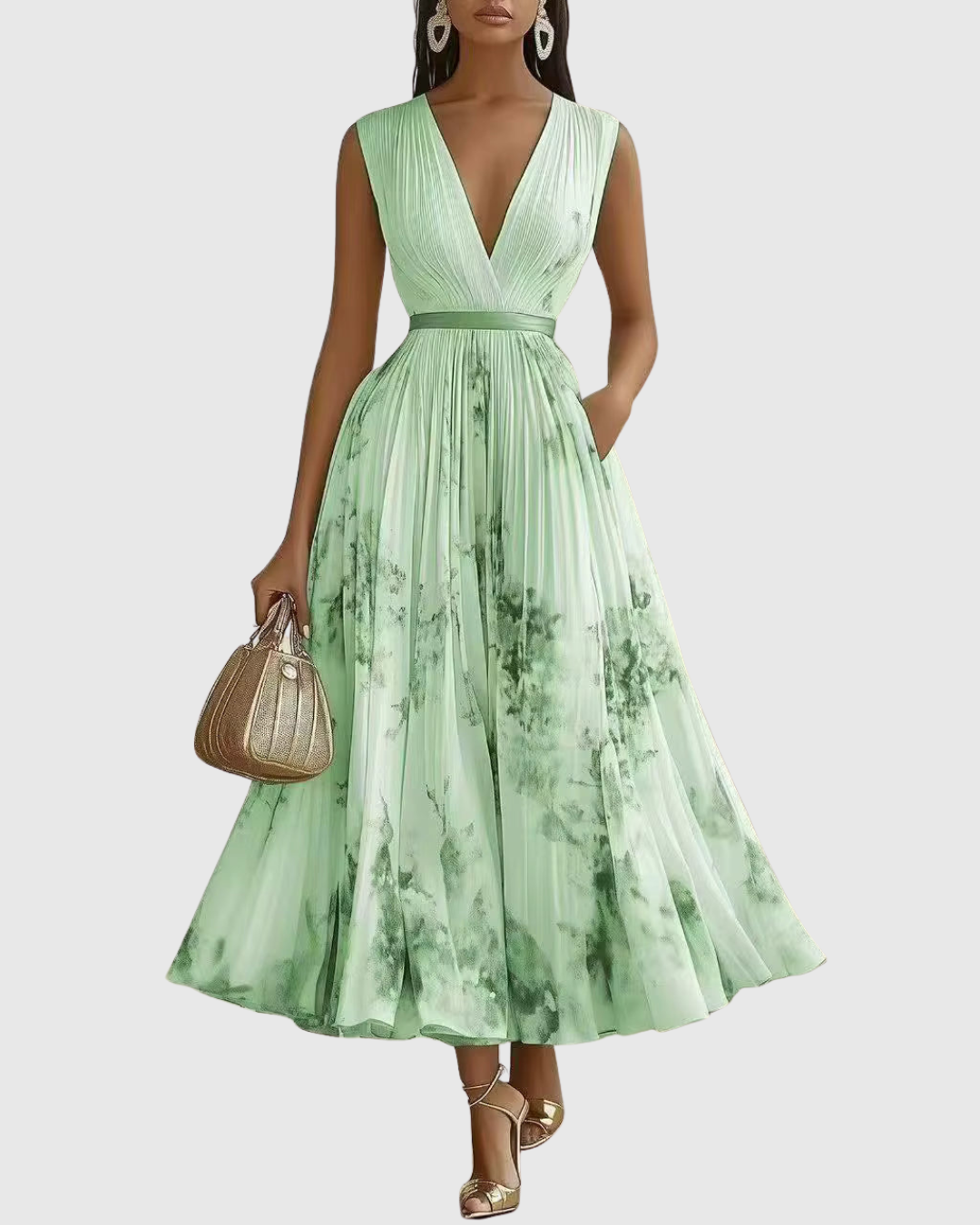 Women's Sleeveless Pleated Midi Dress with Deep V-Neck and Floral Print Detail