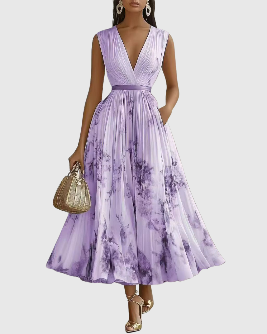 Women's Sleeveless Pleated Midi Dress with Deep V-Neck and Floral Print Detail