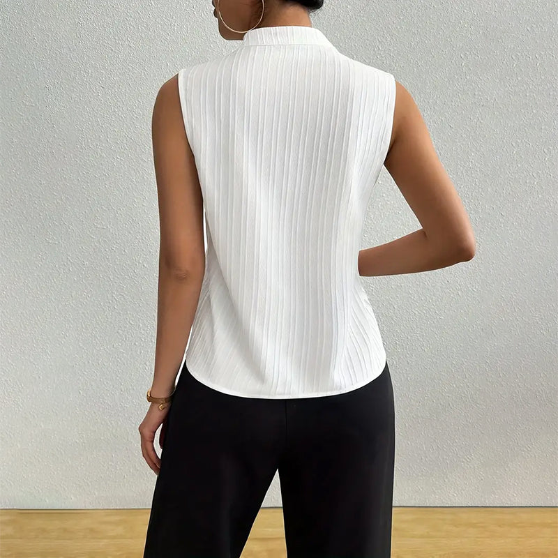 Women's Sleeveless Stand Collar Top Vertical Striped Pattern