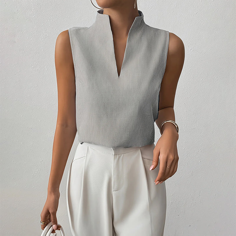 Women's Sleeveless Stand Collar Top Vertical Striped Pattern