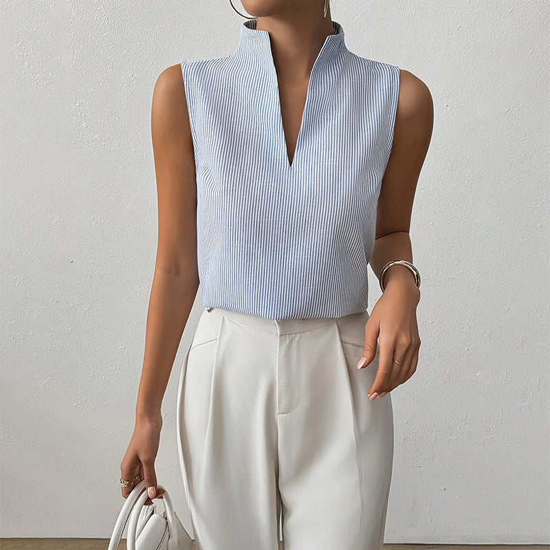 Women's Sleeveless Stand Collar Top Vertical Striped Pattern