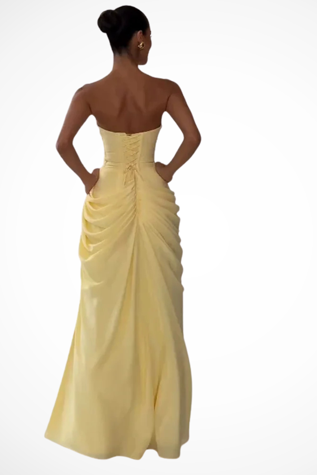Women's Strapless Maxi Dress with Draped Bodice and High Thigh Slit