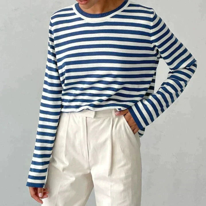 Women's Striped Knit Sweater Long Sleeve Crew Neck