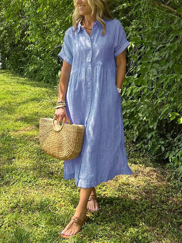 Women's Striped Midi Shirt Dress Button-Front and Short Sleeves