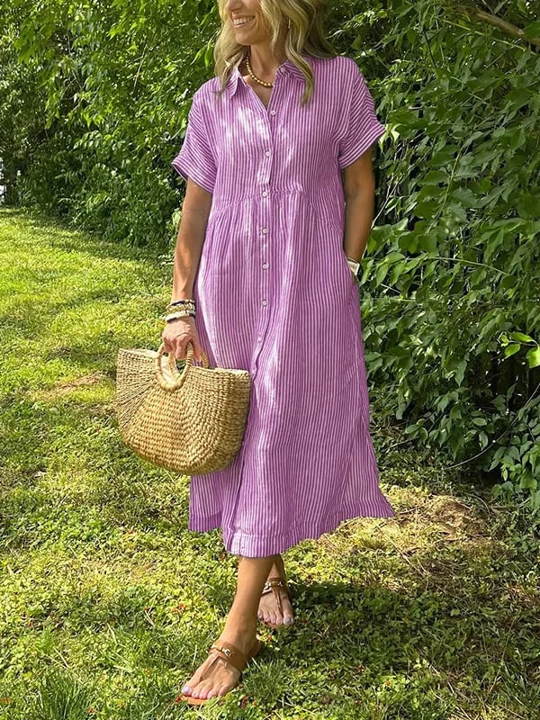 Women's Striped Midi Shirt Dress Button-Front and Short Sleeves