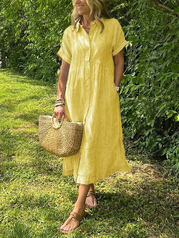 Women's Striped Midi Shirt Dress Button-Front and Short Sleeves