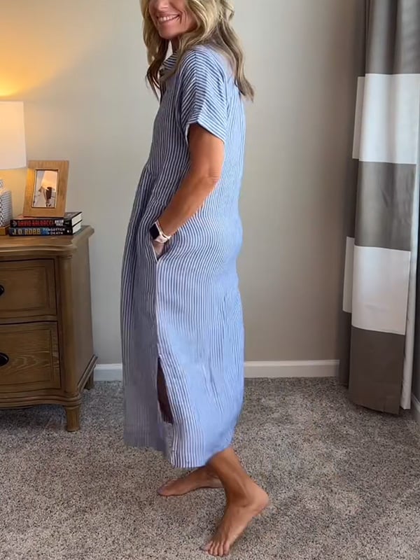 Women's Striped Midi Shirt Dress Button-Front and Short Sleeves