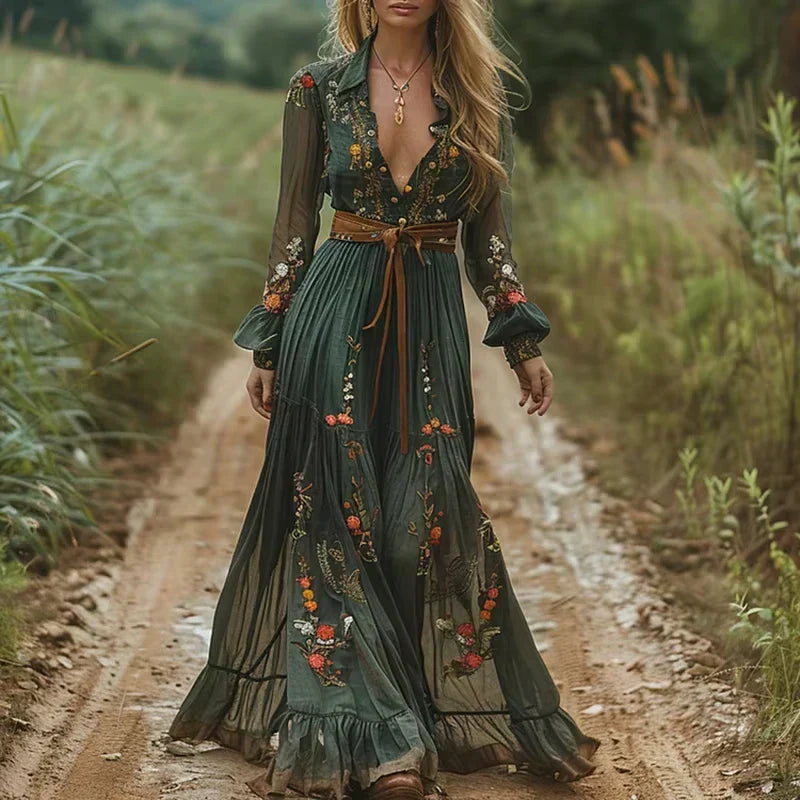 Women's Summer Boho Ruffled Maxi Dress Embroidery and Split V-Neckline