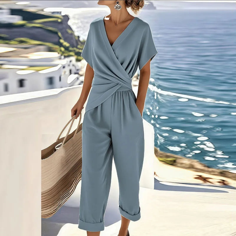 Women's Two-Piece Set Wrap-Front Bodice and Wide-Leg Trousers