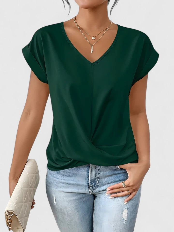 Women's V-Neck Blouse Twist Front and Rolled Sleeves