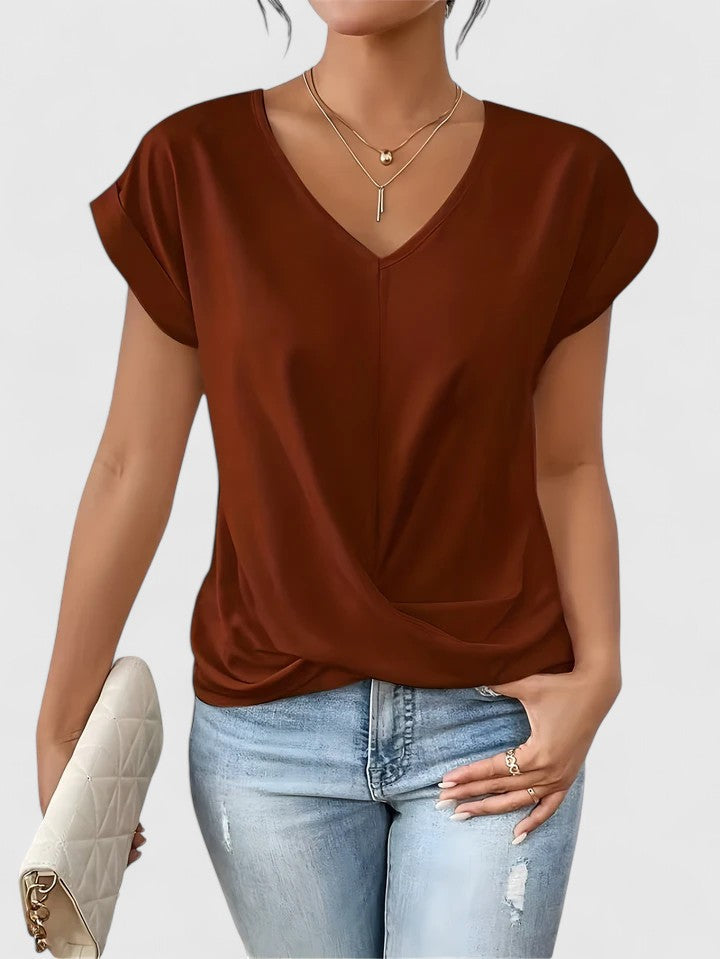 Women's V-Neck Blouse Twist Front and Rolled Sleeves