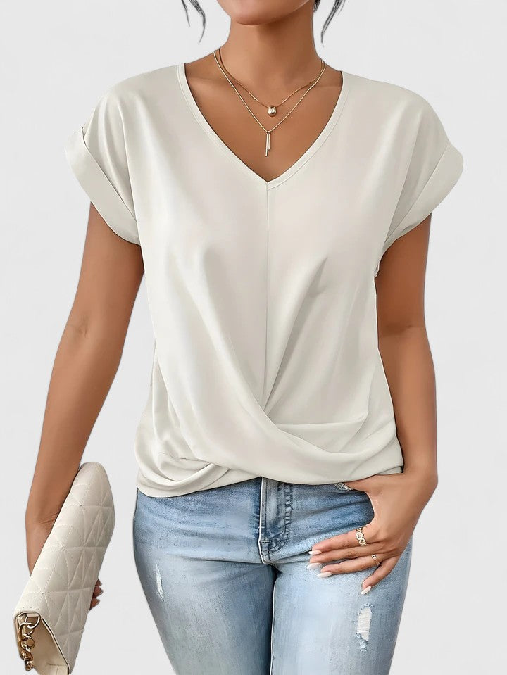 Women's V-Neck Blouse Twist Front and Rolled Sleeves