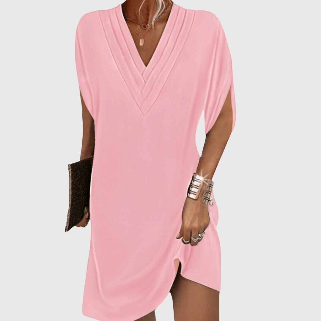 Women's V-Neck Shift Mini Dress Short Sleeve Summer Tunic