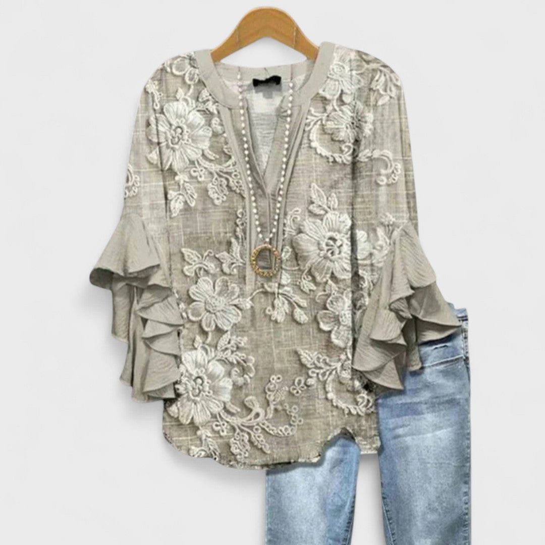 Women's V-Neck Top with Tiered Ruffle Sleeves and Printed Pattern Detail