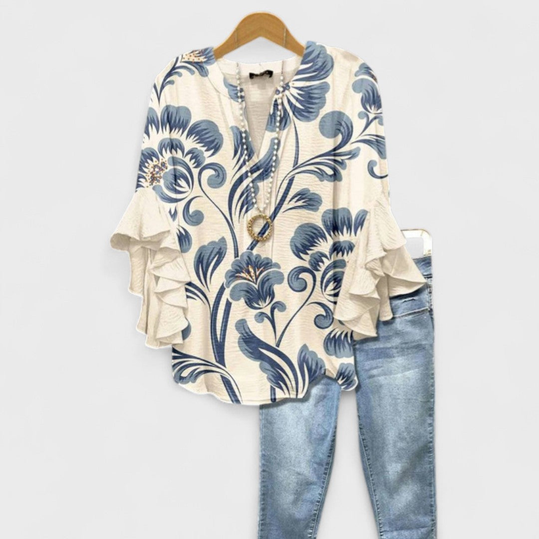 Women's V-Neck Top with Tiered Ruffle Sleeves and Printed Pattern Detail