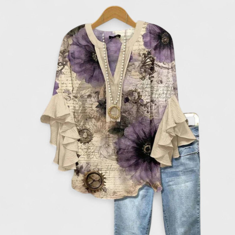 Women's V-Neck Top with Tiered Ruffle Sleeves and Printed Pattern Detail
