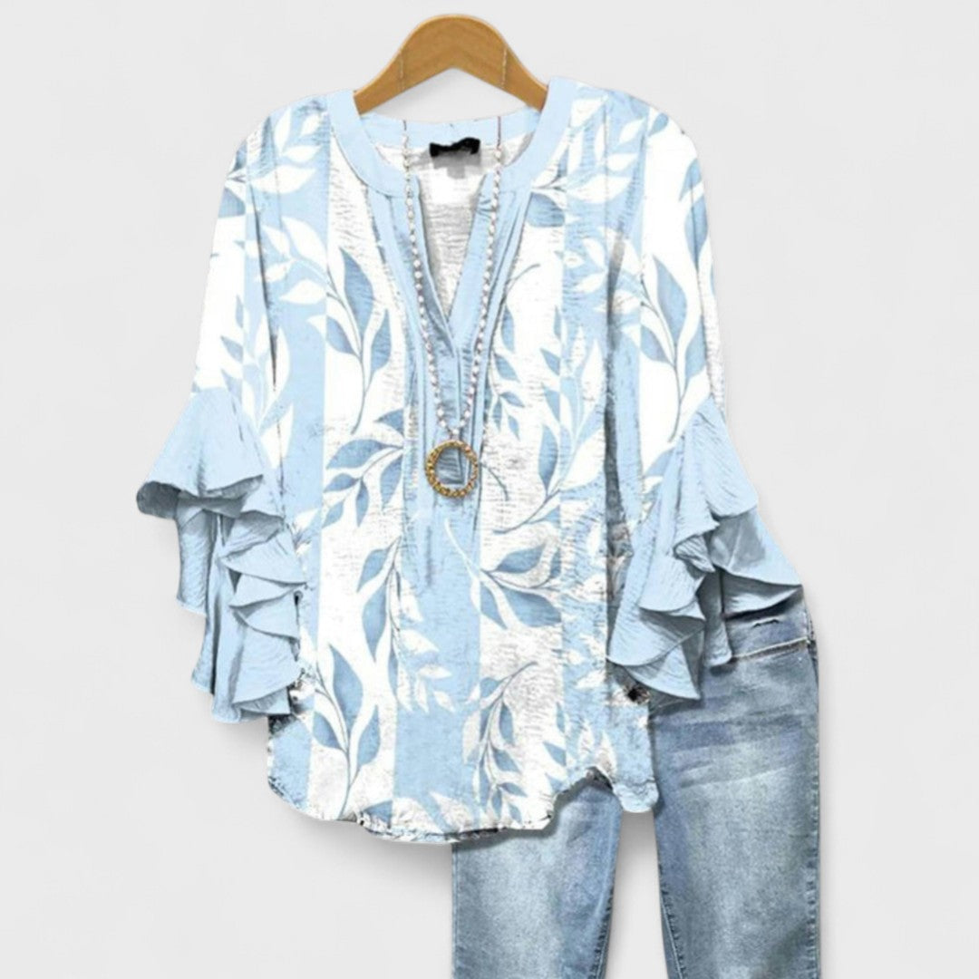 Women's V-Neck Top with Tiered Ruffle Sleeves and Printed Pattern Detail