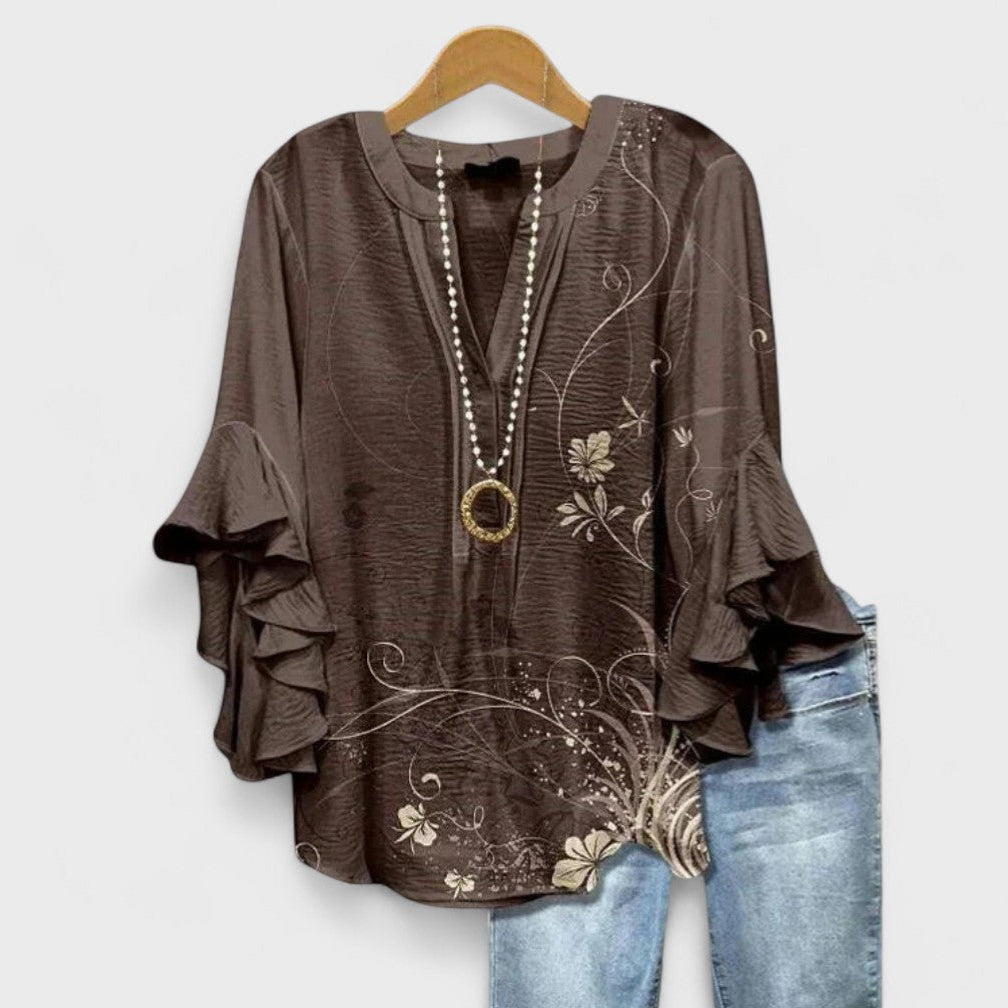 Women's V-Neck Top with Tiered Ruffle Sleeves and Printed Pattern Detail