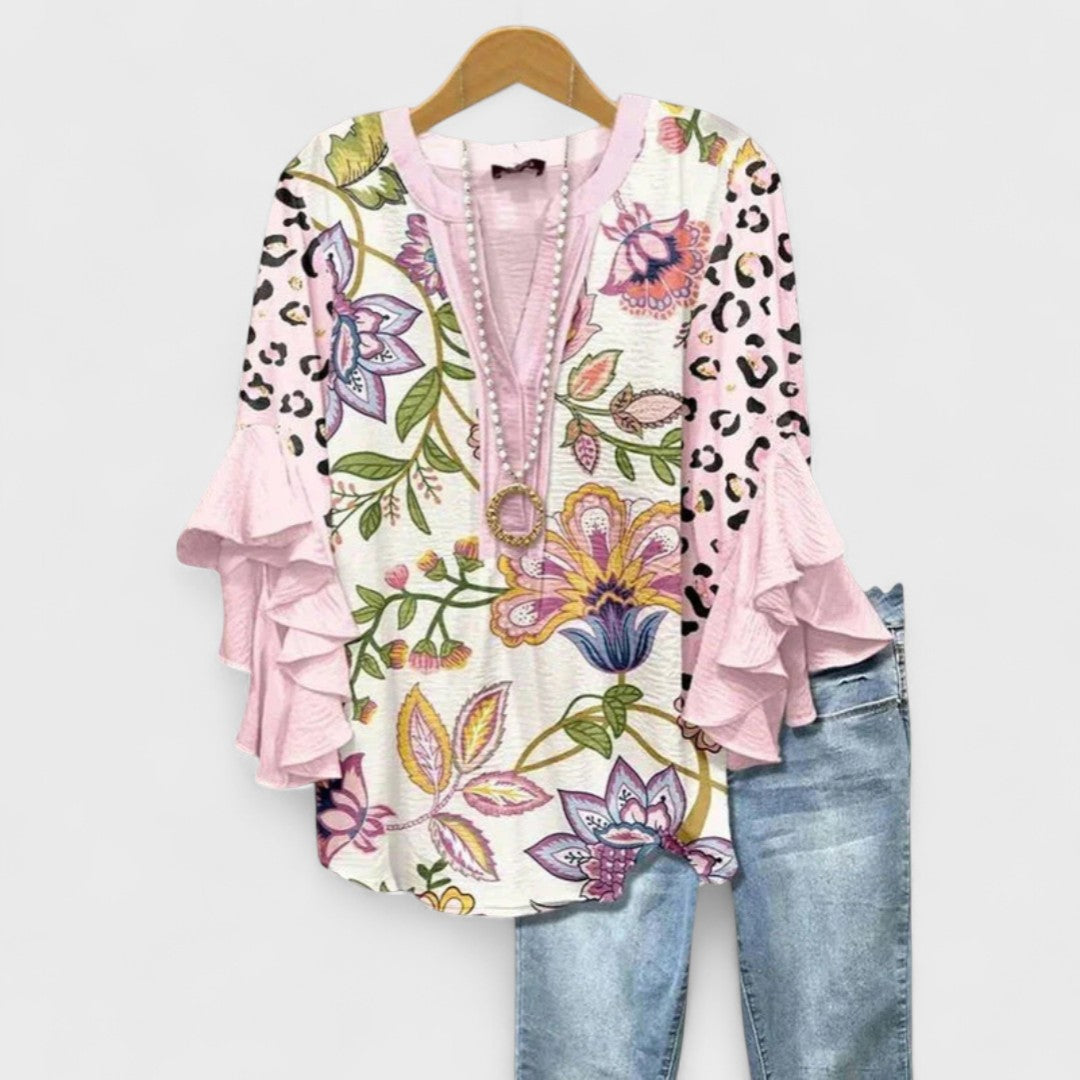 Women's V-Neck Top with Tiered Ruffle Sleeves and Printed Pattern Detail