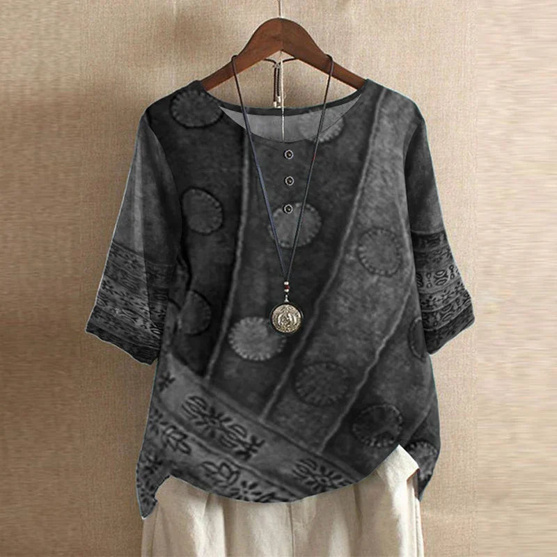 Women's Vintage Blouse Distinct Graphic Motifs and Three-Button Detail