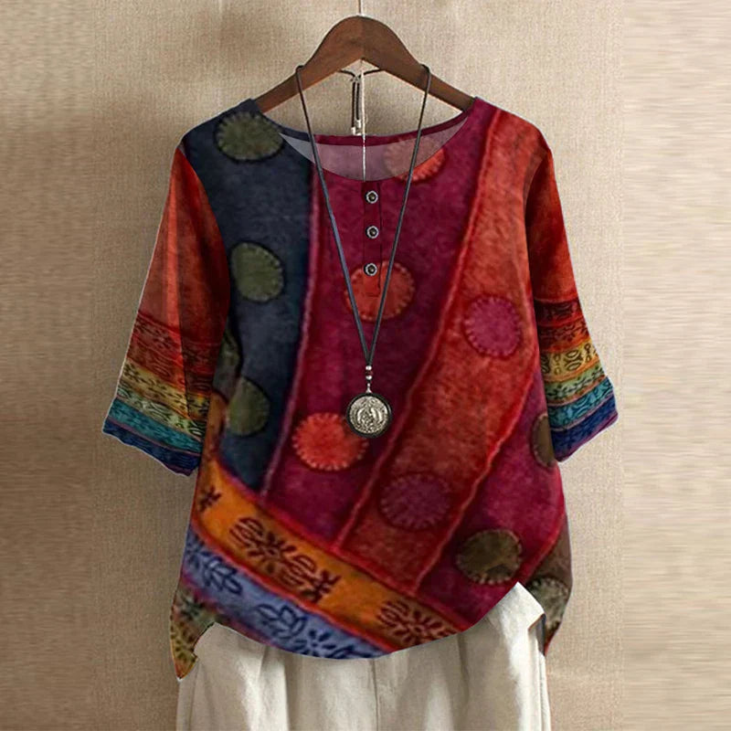 Women's Vintage Blouse Distinct Graphic Motifs and Three-Button Detail