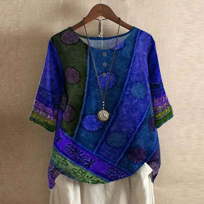 Women's Vintage Blouse Distinct Graphic Motifs and Three-Button Detail