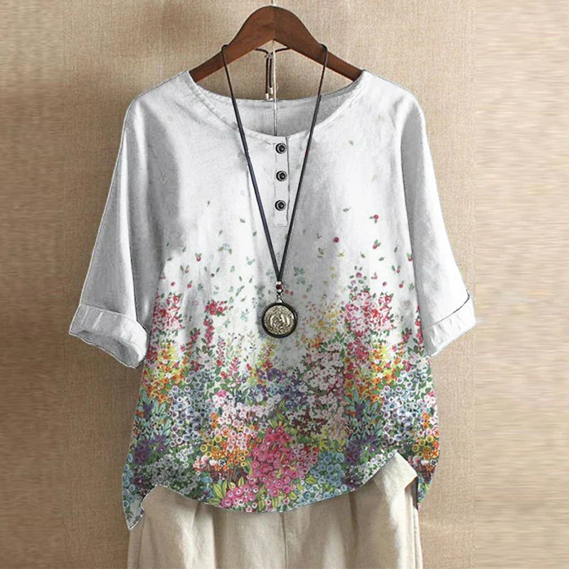Women's Vintage Blouse Distinct Graphic Motifs and Three-Button Detail