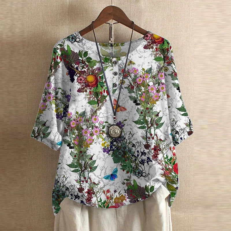 Women's Vintage Blouse Distinct Graphic Motifs and Three-Button Detail