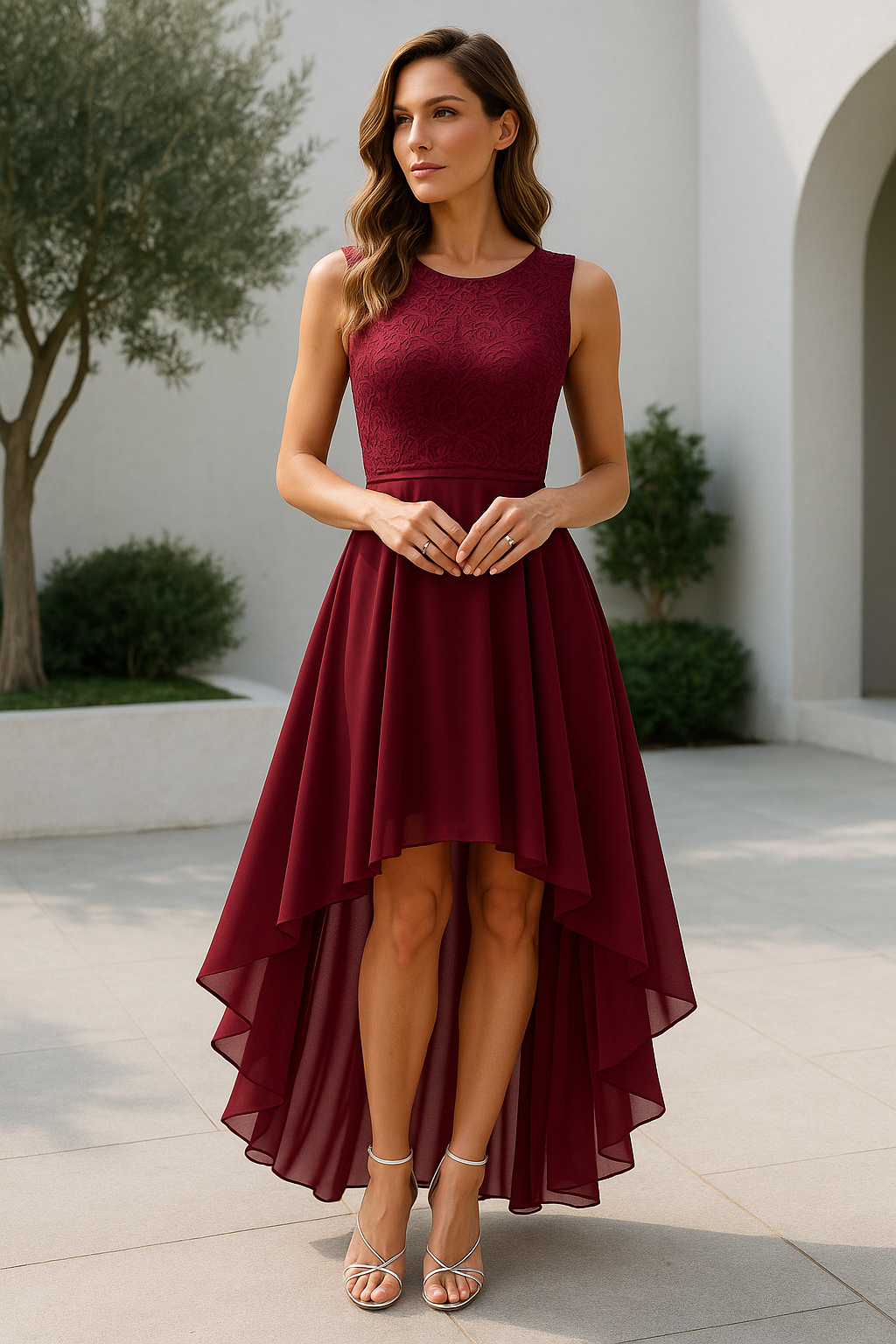 Women's Wedding Guest High-Low Midi Dress Sleeveless and Lace Bodice