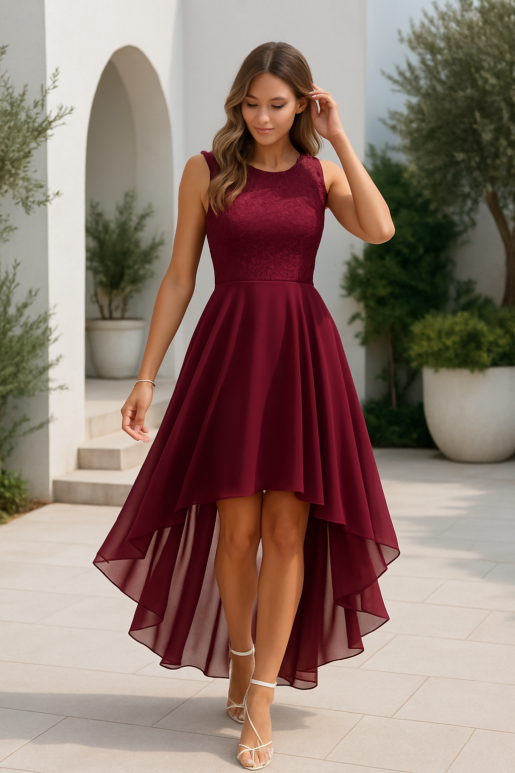 Women's Wedding Guest High-Low Midi Dress Sleeveless and Lace Bodice