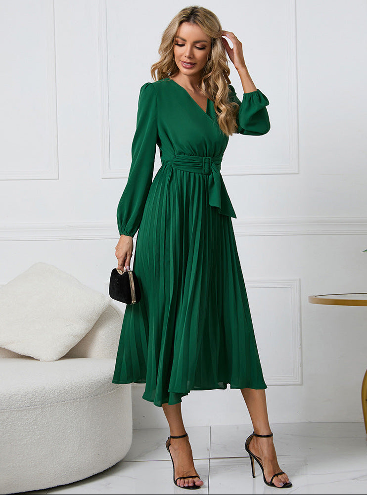 Women's Wedding Guest Midi Dress Belted Waist and Pleated Skirt