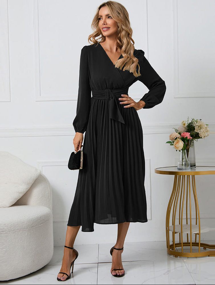 Women's Wedding Guest Midi Dress Belted Waist and Pleated Skirt