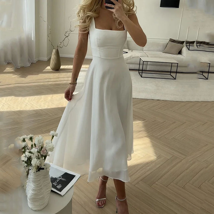 Women's Wedding Guest Midi Dress Square Neck and Sleeveless