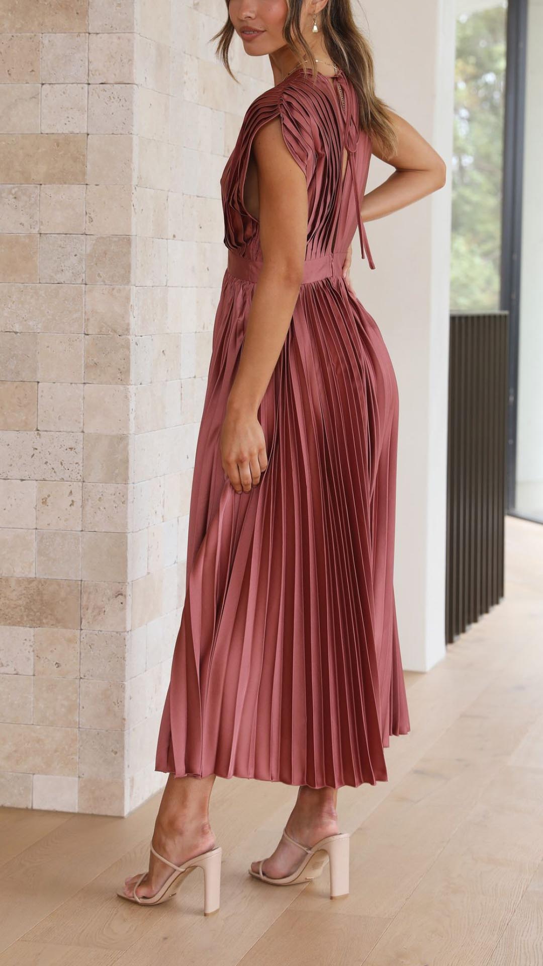 Women's Wedding Guest Midi Dress V-Neck Cap Sleeve Pleated
