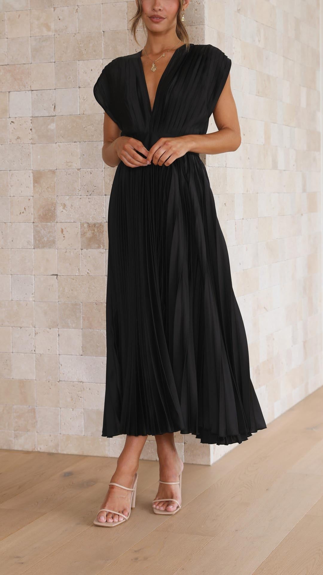 Women's Wedding Guest Midi Dress V-Neck Cap Sleeve Pleated