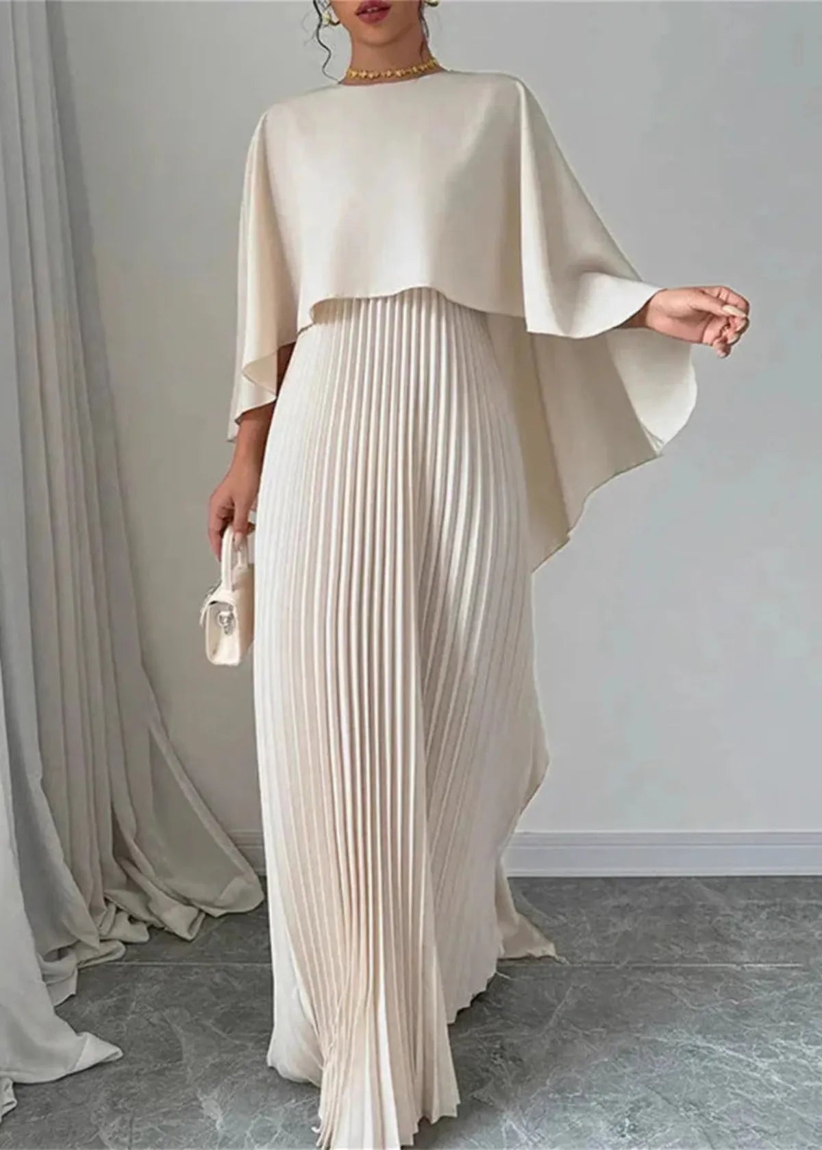 Women's Wedding Guest Pleated Maxi Dress Cape Overlay and High Neck