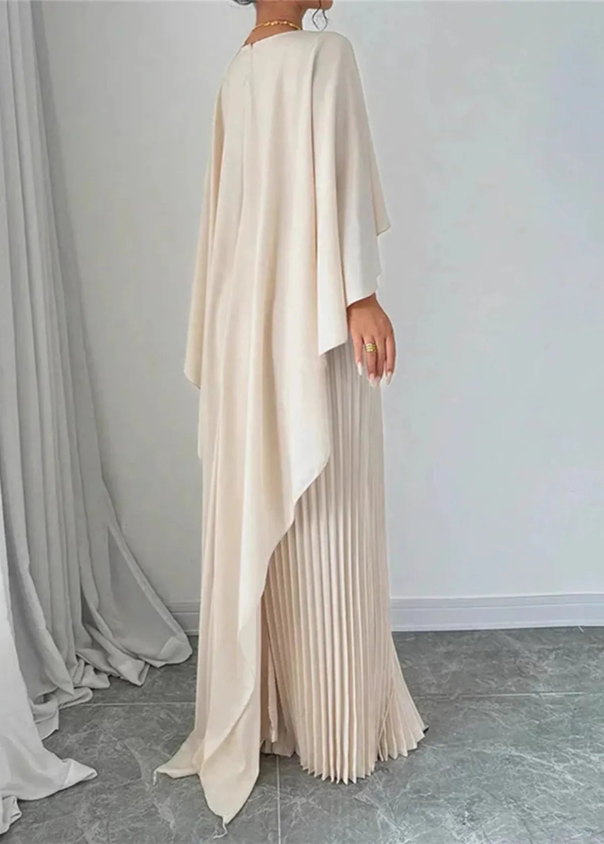 Women's Wedding Guest Pleated Maxi Dress Cape Overlay and High Neck