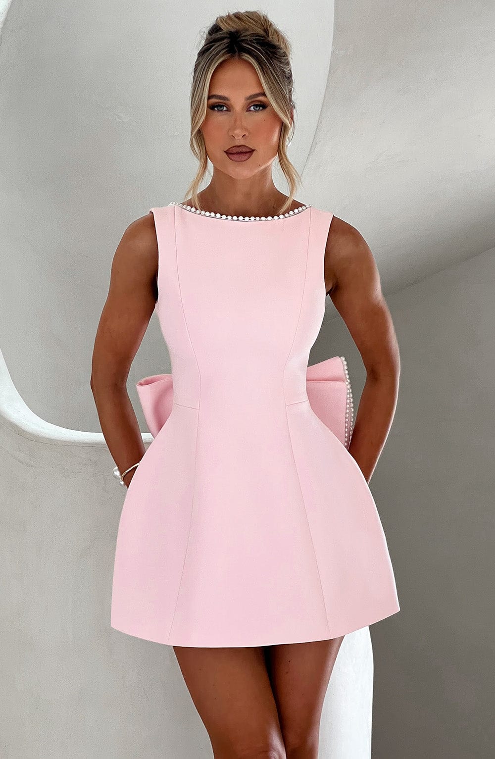 Women's Wedding Guest Structured Mini Dress Oversized Back Bow and Pearl Trim