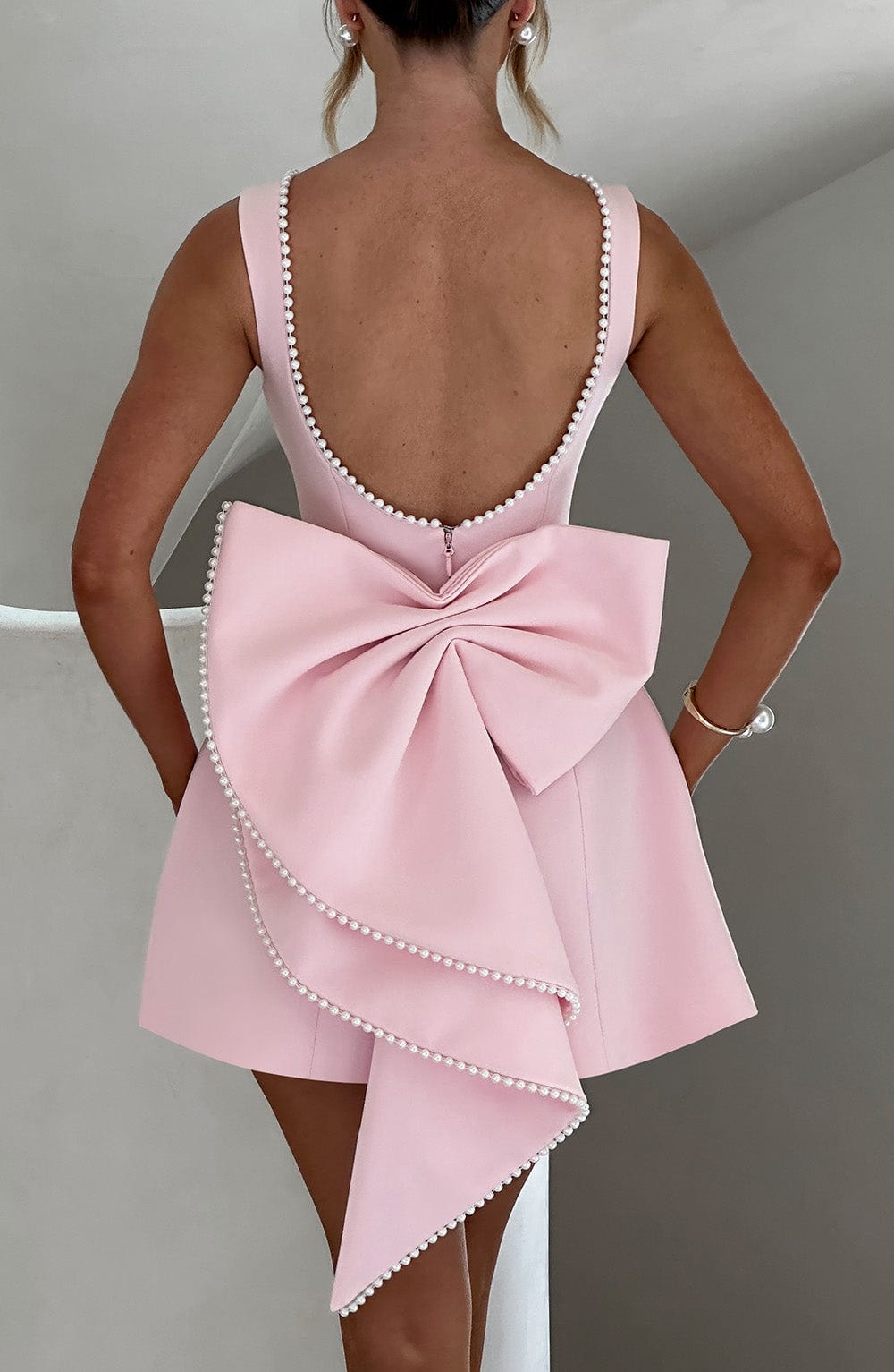 Women's Wedding Guest Structured Mini Dress Oversized Back Bow and Pearl Trim
