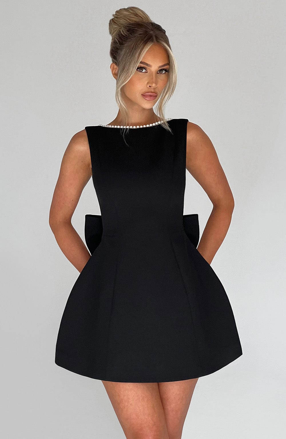 Women's Wedding Guest Structured Mini Dress Oversized Back Bow and Pearl Trim