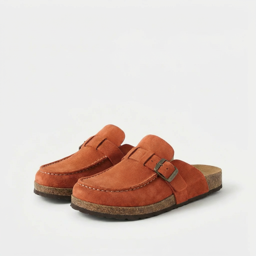 Women's Suede Cork Footbed Clogs with Adjustable Buckle