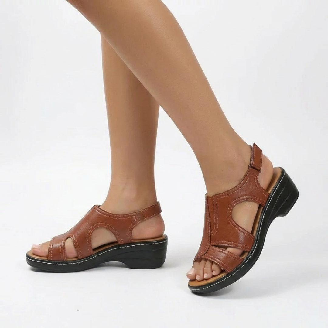 Women's Adjustable Contrast-Stitch Slingback Wedge Sandals