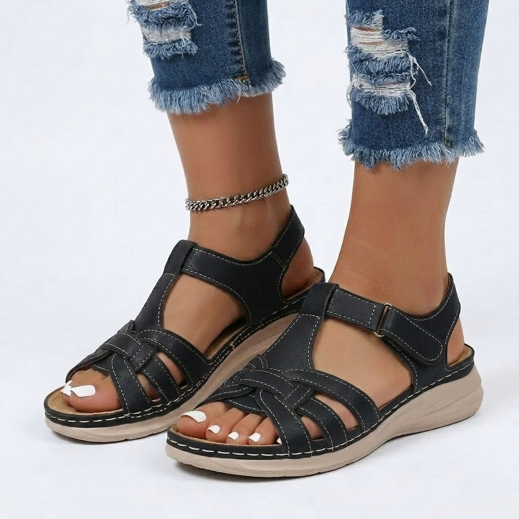Women's Orthopedic Sandals with T-Strap Design and Woven Details