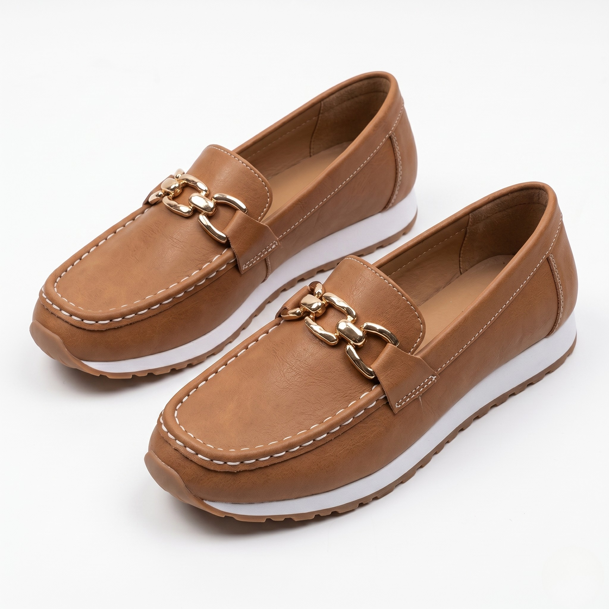 Women's Loafer Flats with Chain Detail and Contrast Stitching