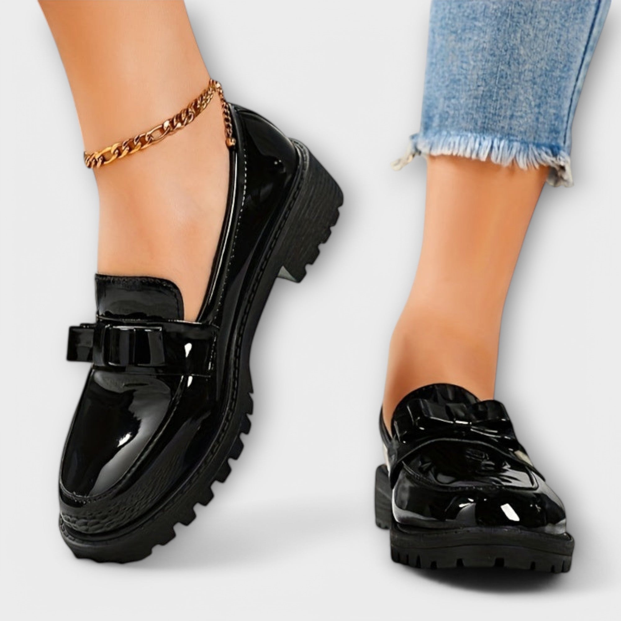 Women's Orthopedic Loafers with Patent Finish and Bow Detail
