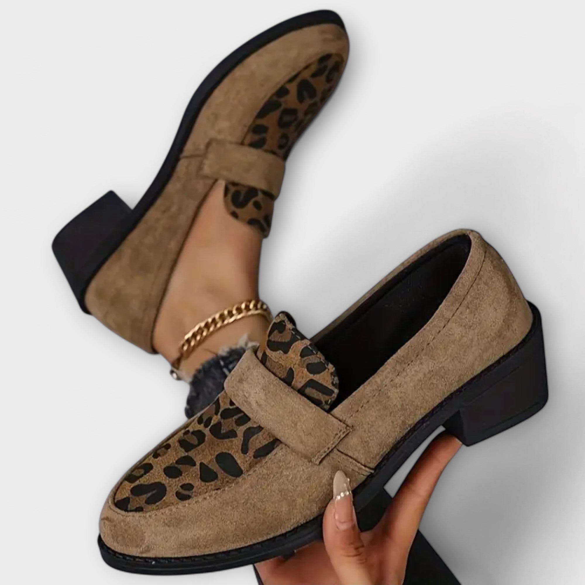 Women's Brown Orthopedic Block Heel Loafers with Leopard Print and Round Toe