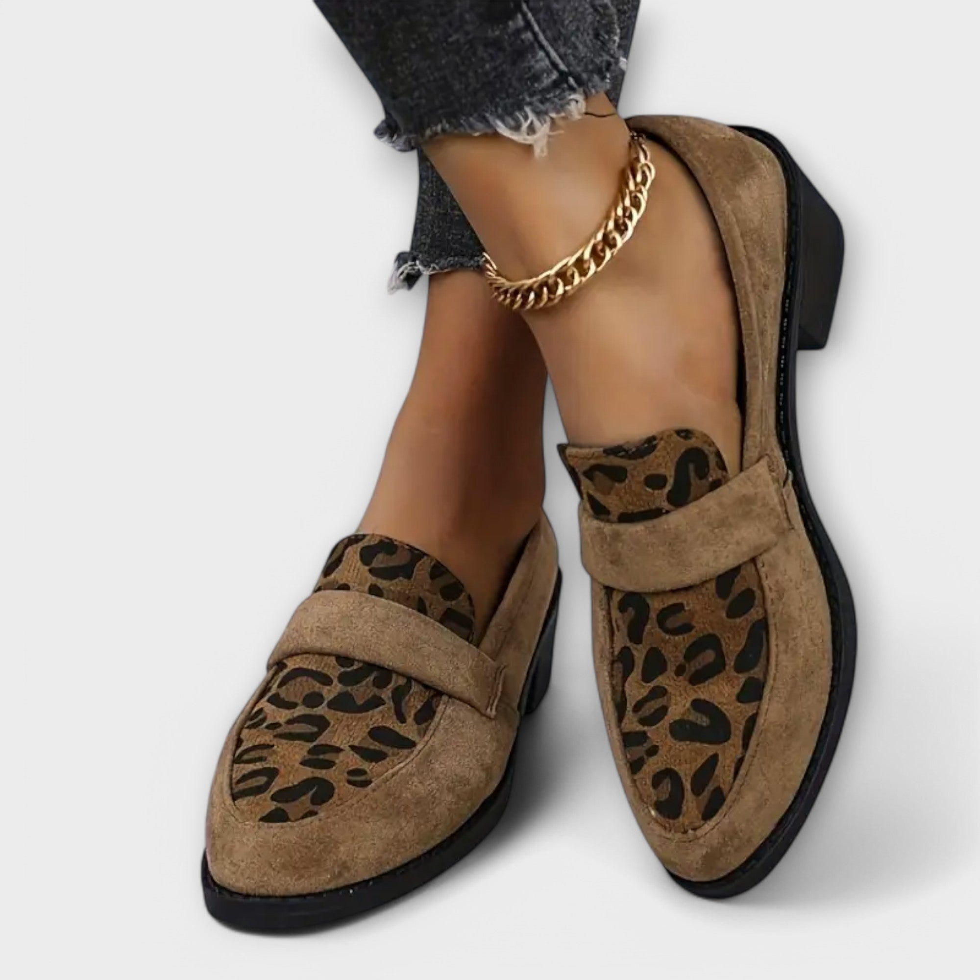 Women's Brown Orthopedic Block Heel Loafers with Leopard Print and Round Toe