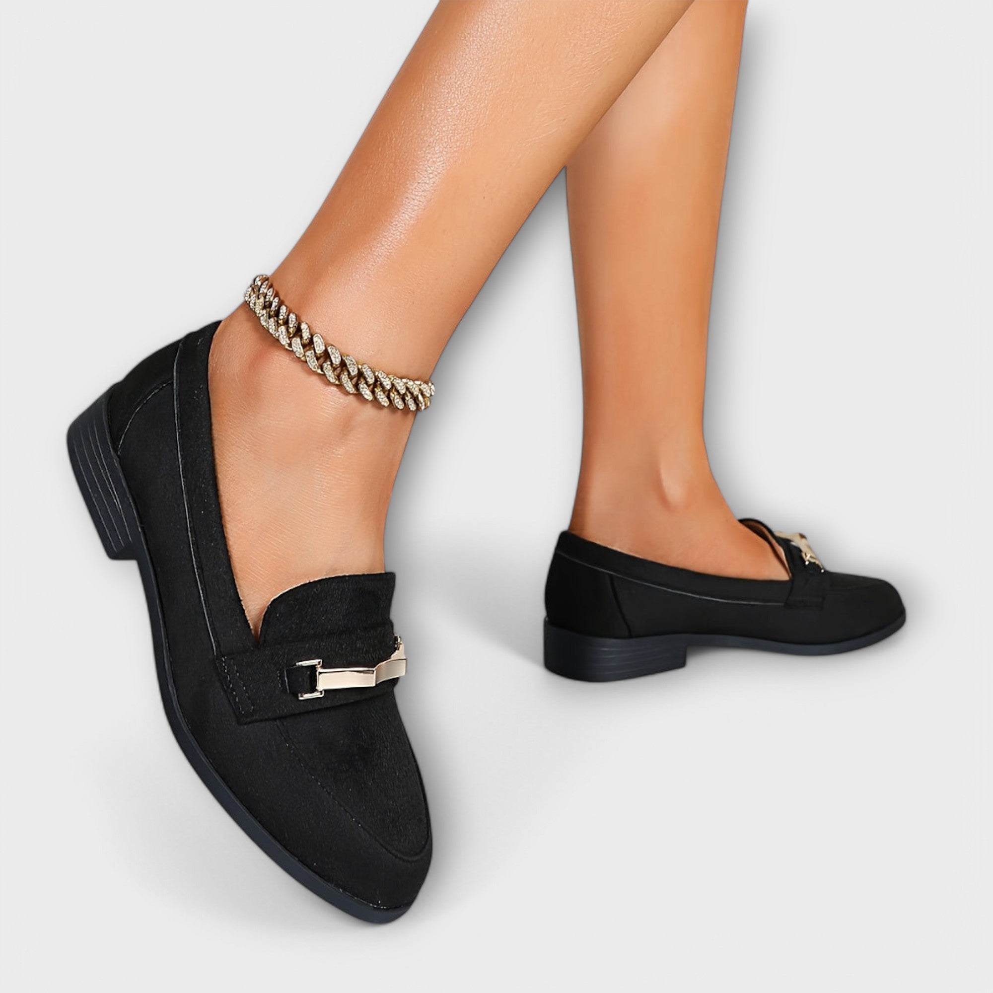 Women's Orthopedic Loafer Flats with Gold Buckle and Pointed Toe
